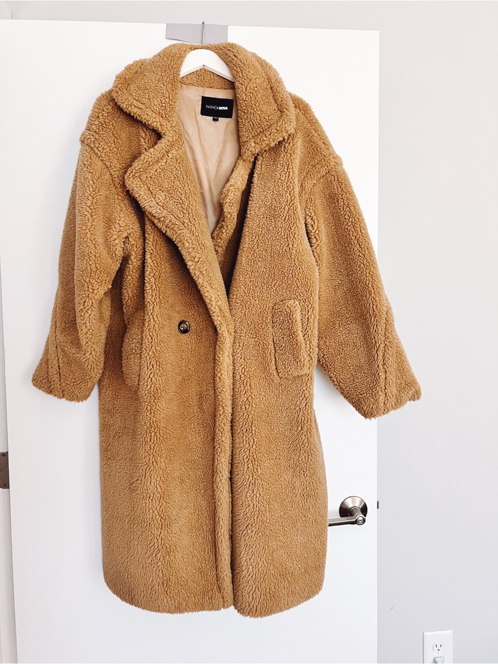 Fashion Nova Long Teddy Coat MEDIUM - Camel Brown